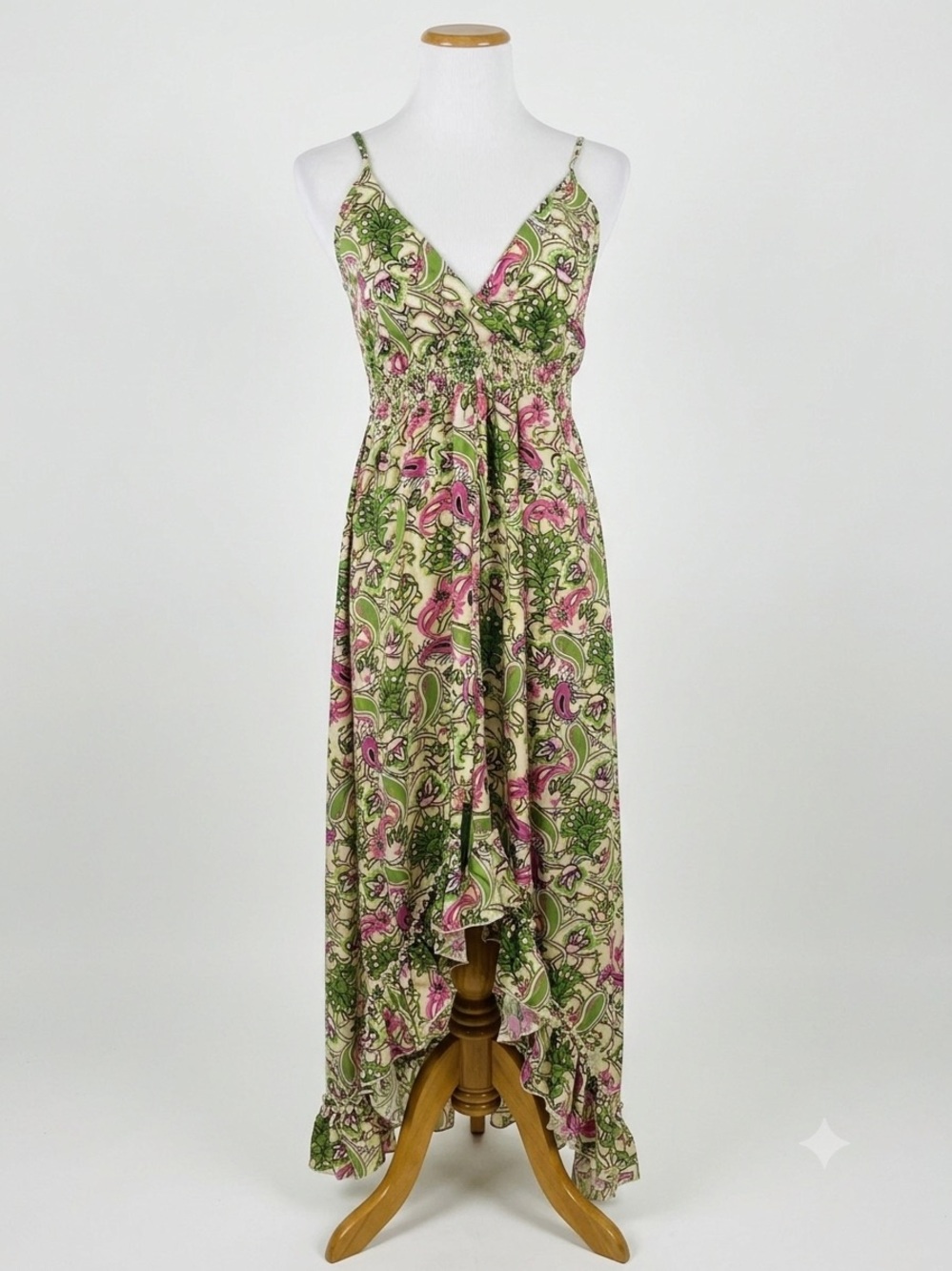 Floral V-Neck High-Low Maxi Dress in Pink & Green Size M